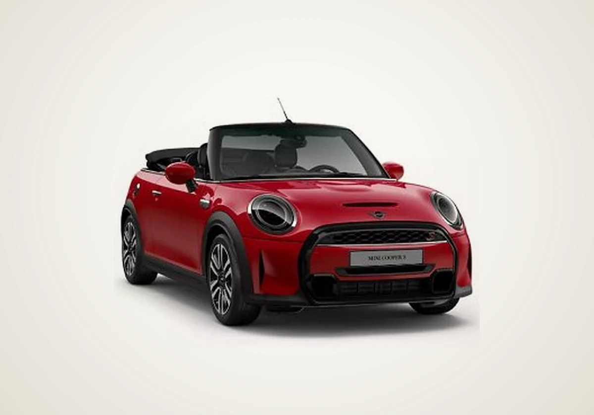 Mini Cooper Convertible in red, front three-quarter view