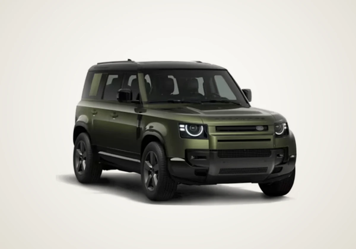 Land Rover Defender 110 in green, front three-quarter view