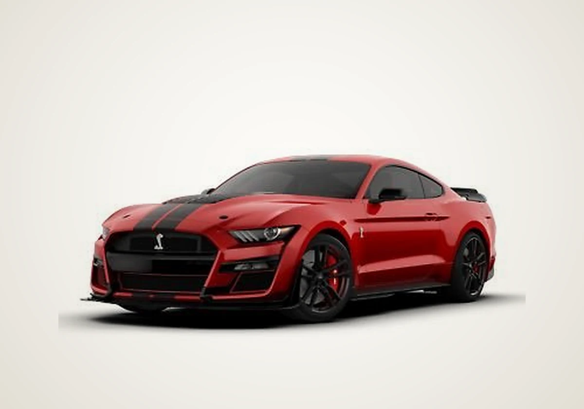 Ford Mustang Shelby GT350 in red with black stripes, front three-quarter view