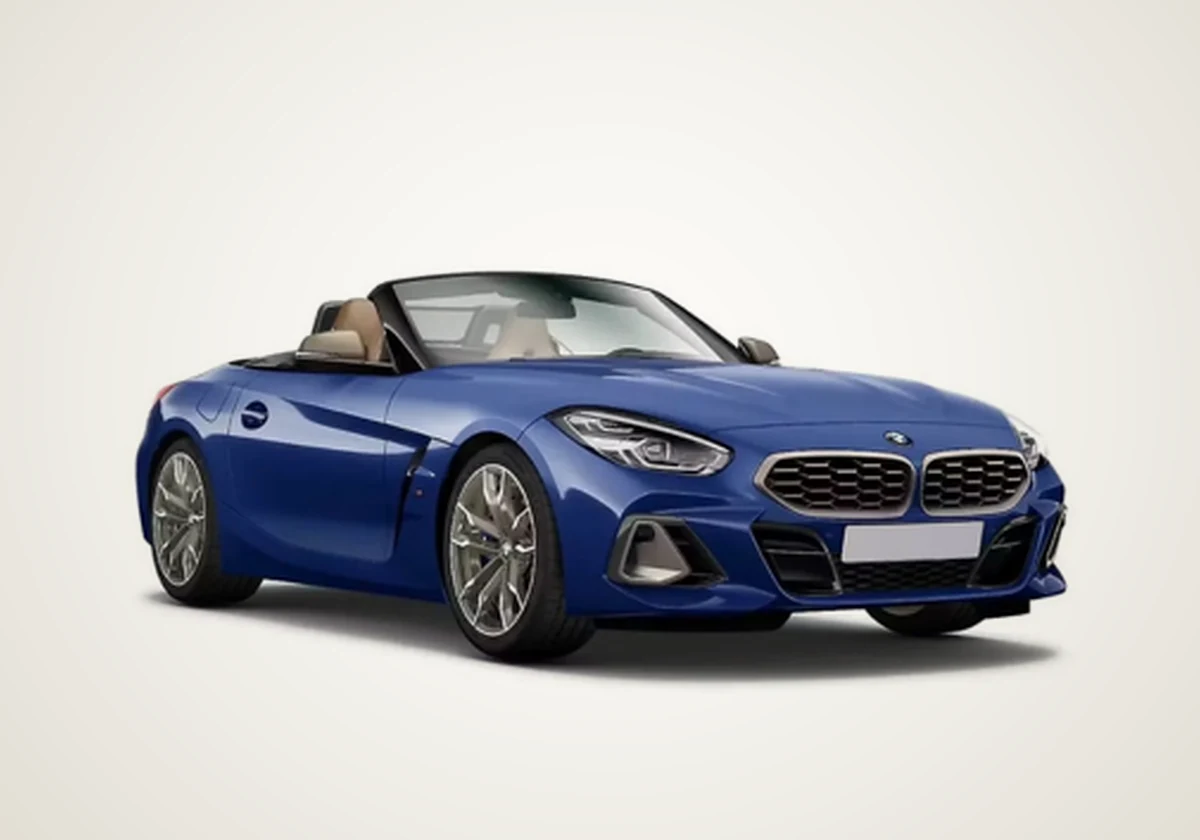 BMW Z4 roadster in blue with the roof down, front three-quarter view