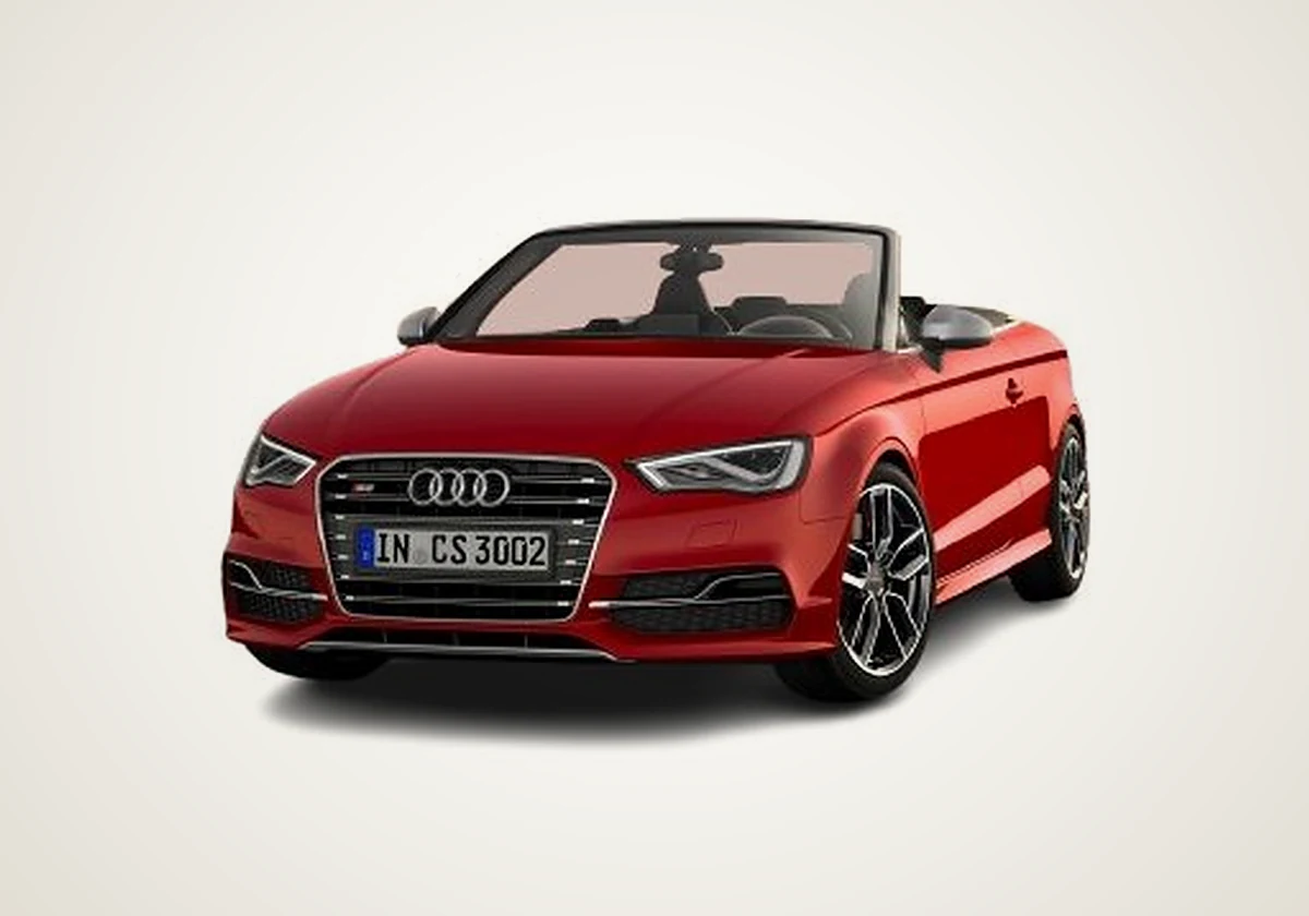 Audi A3 Cabriolet in red with the roof down, front three-quarter view